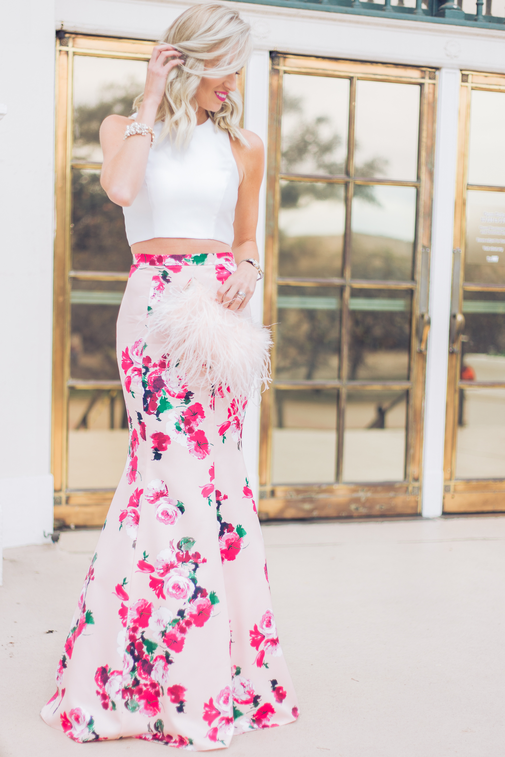 floral skirt, pink gown, mermaid gown
