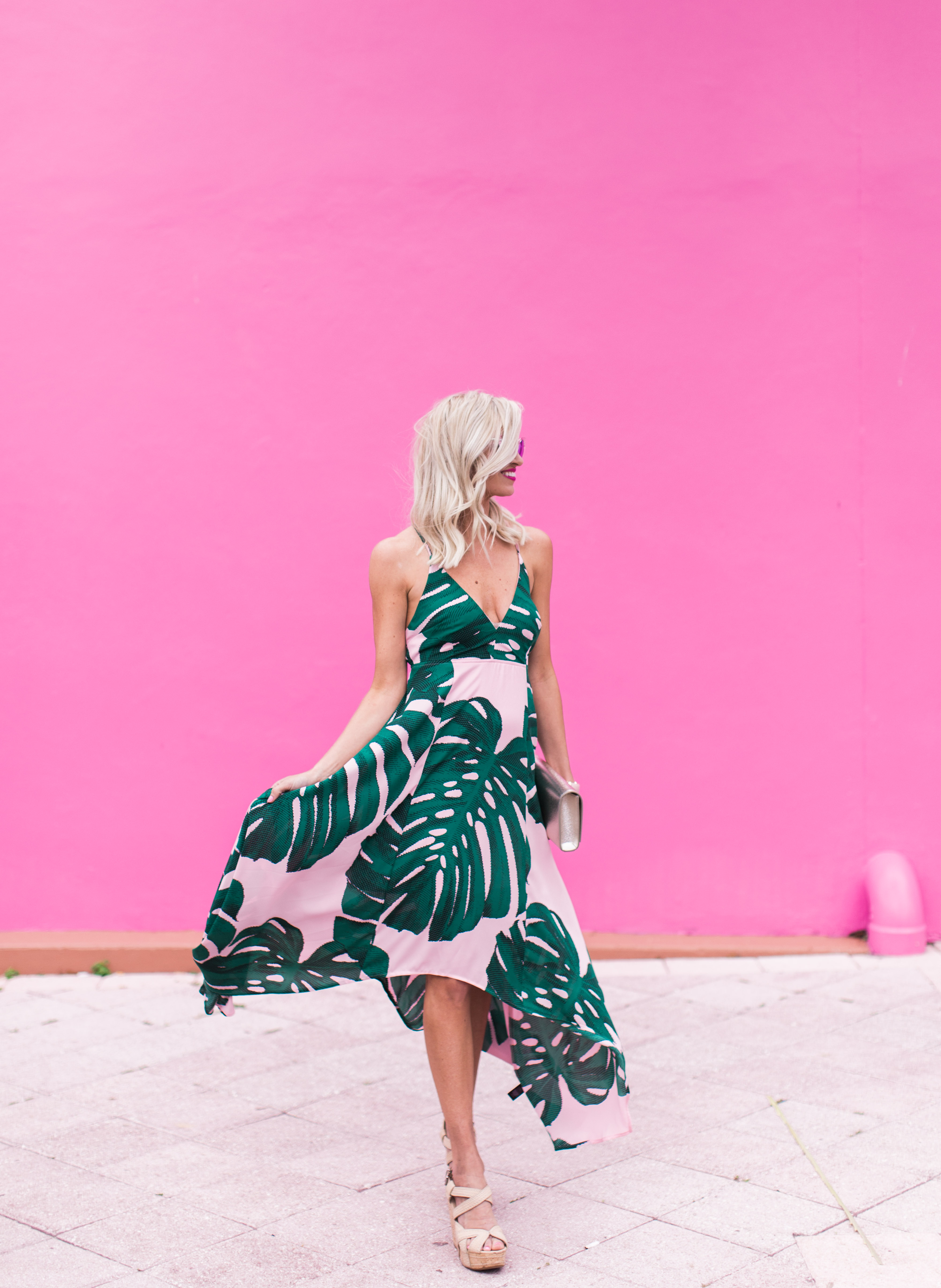 Pink dress with green hotsell palm leaves