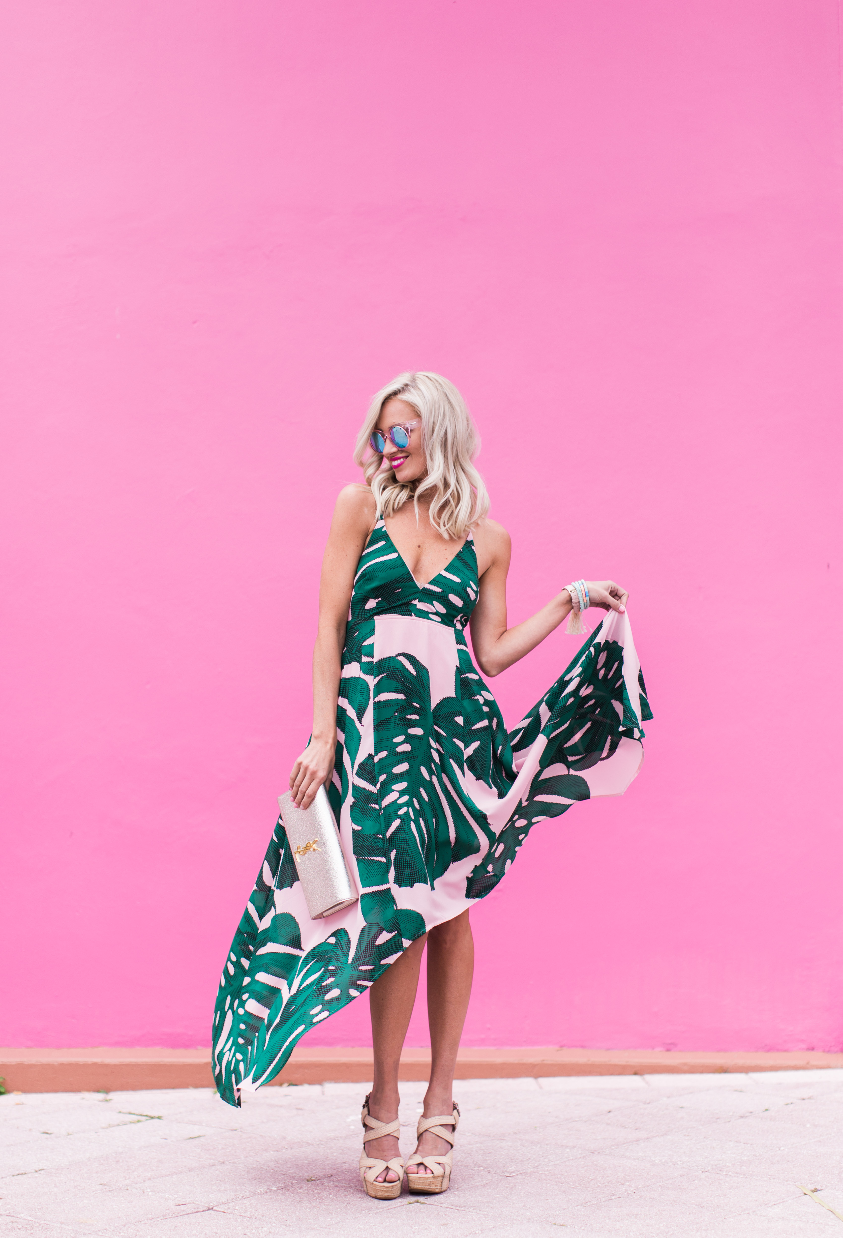 Pink dress with shop green palm leaves