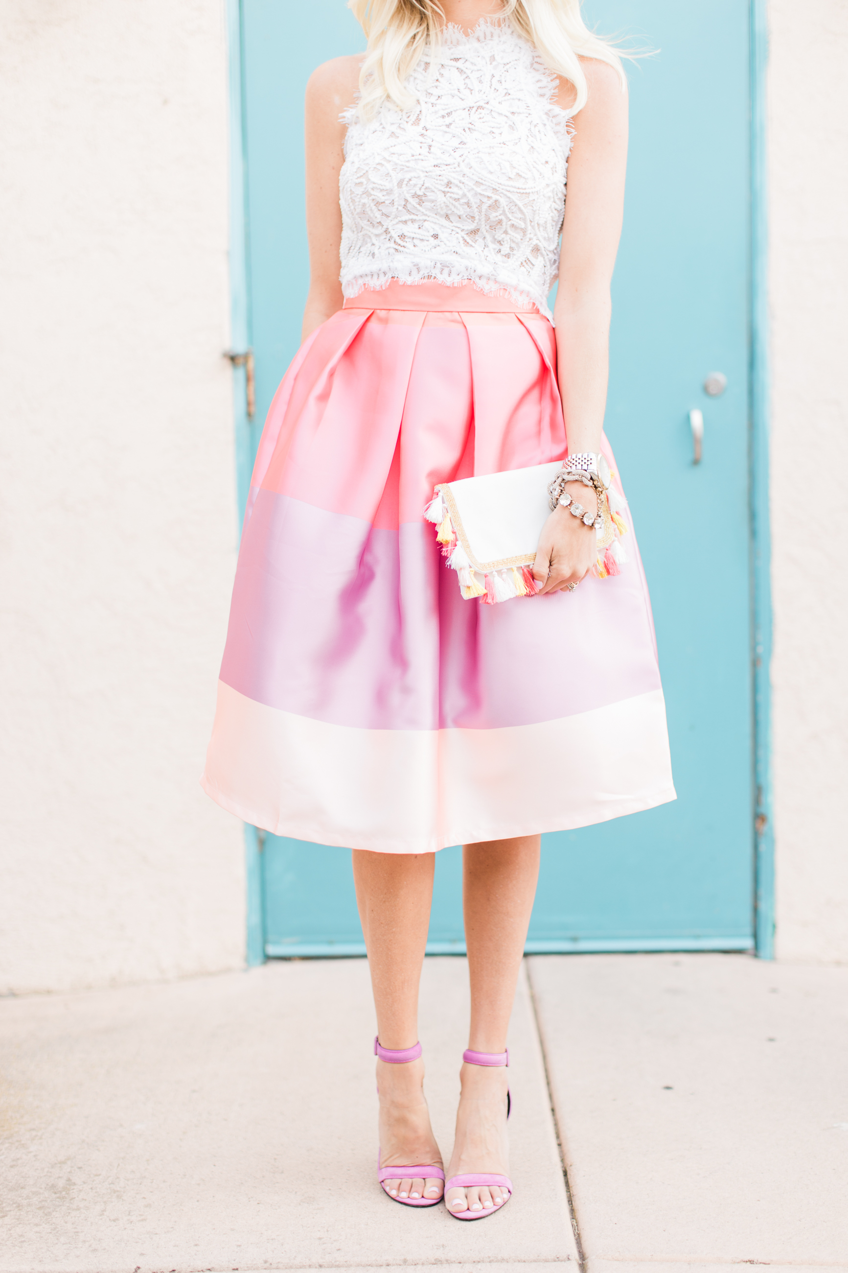 White Lace Crop Top + Color Block Skirt - Mckenna Bleu