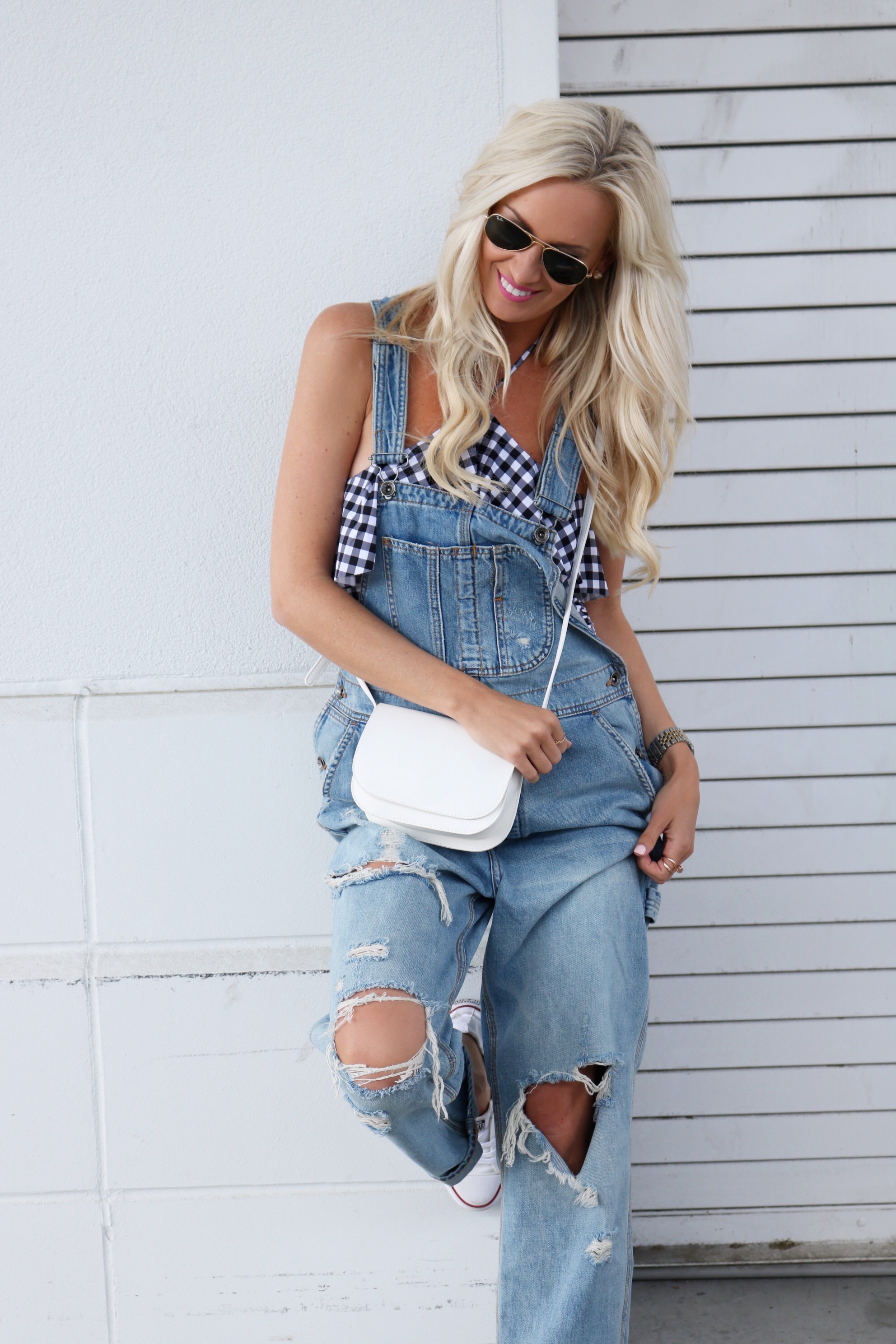 Distressed Overalls + Gingham Swimsuit
