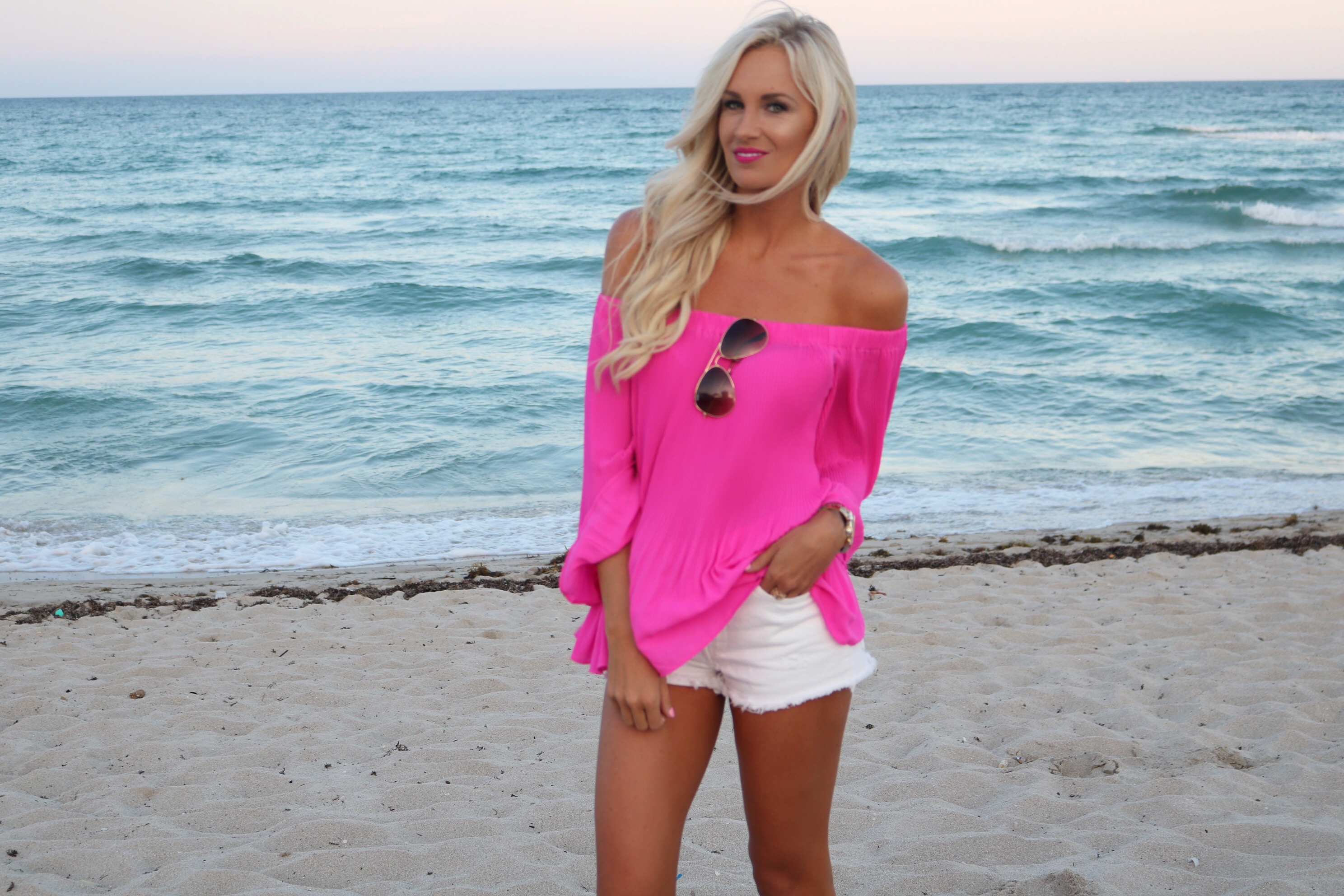 Hot Pink Off The Shoulder Top + White Denim - McKenna Bleu