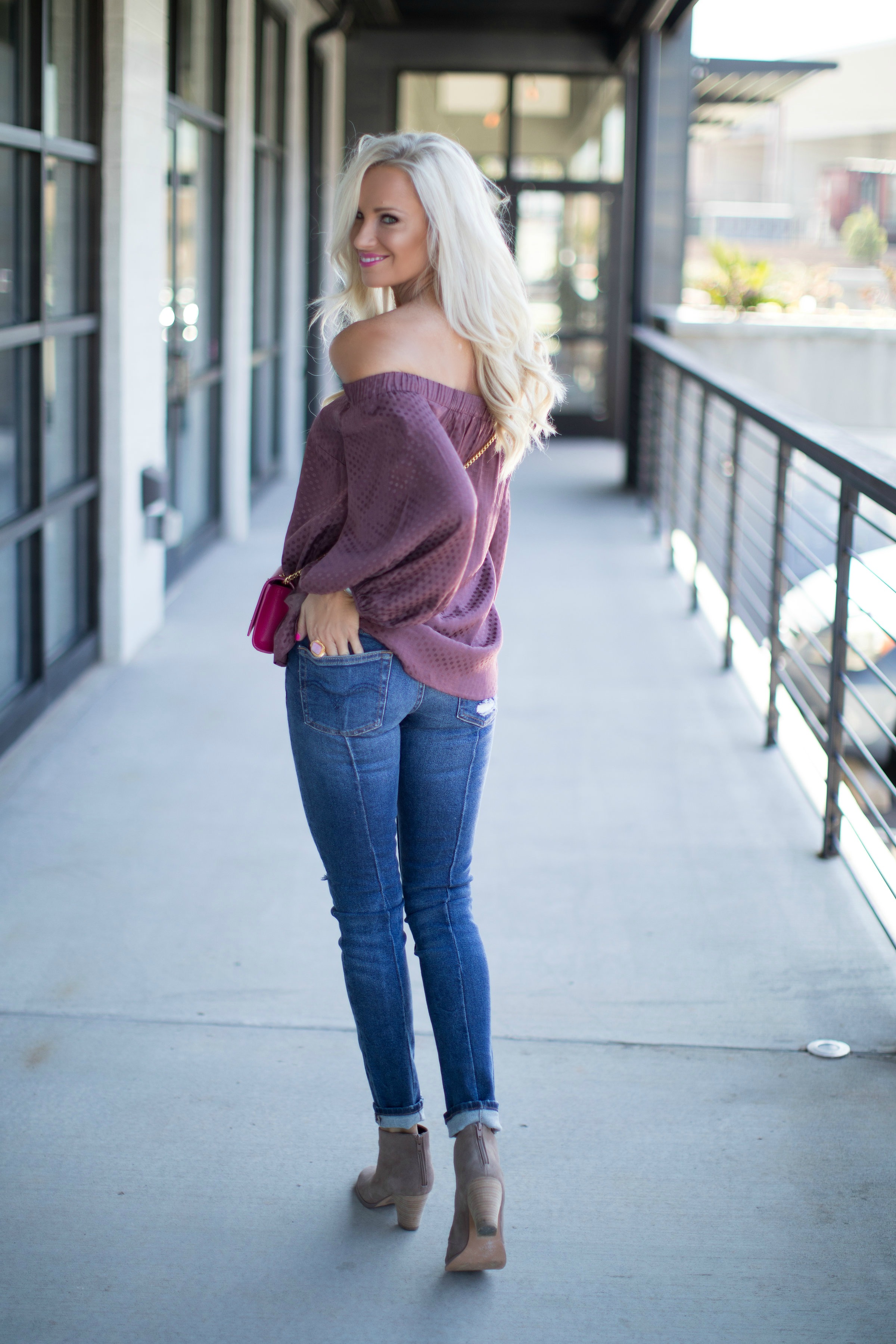 off shoulder top and jeans